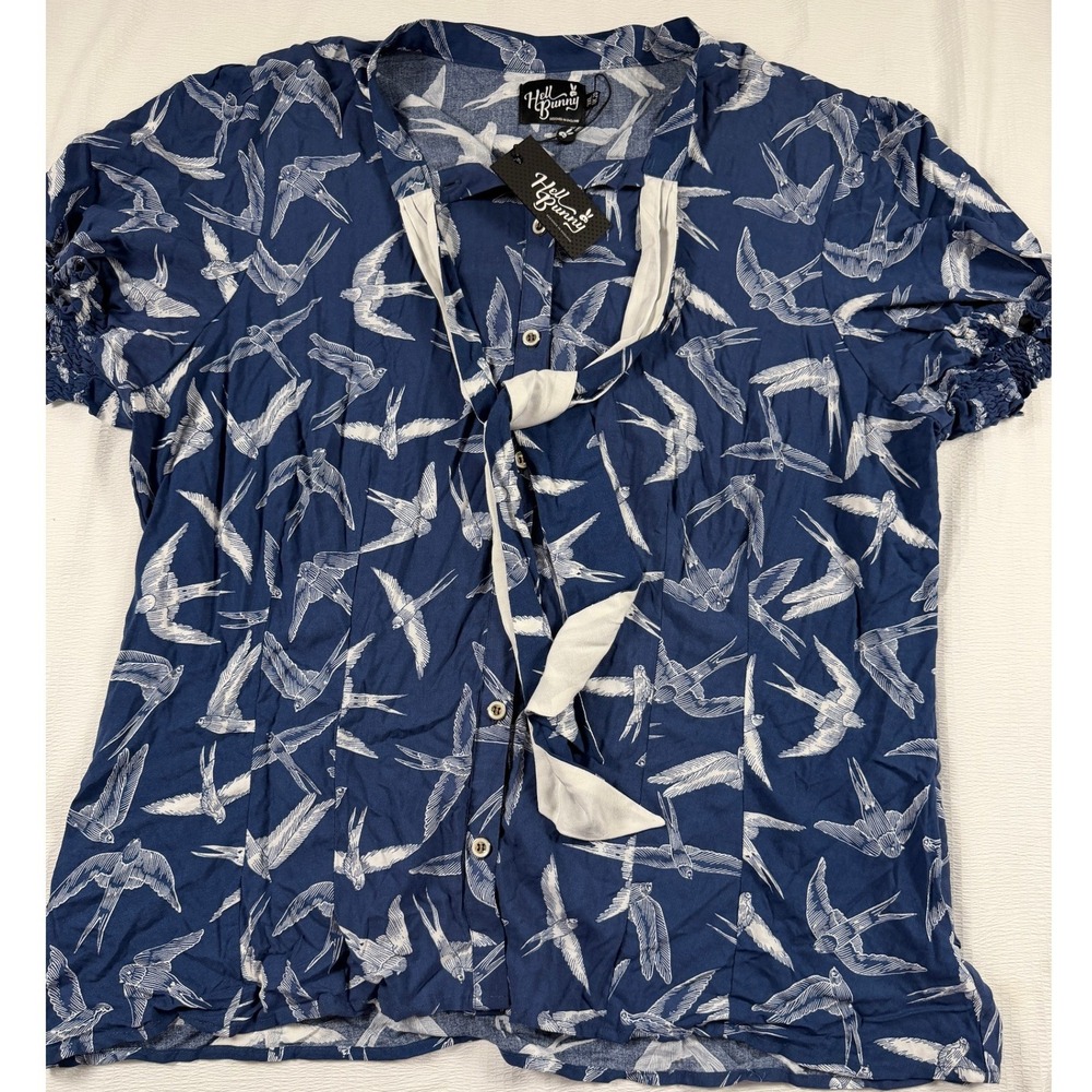 Hell Bunny Blue Swallow Bird Print P Bow Top NWT 3XL Retro Rockabilly Pin Up